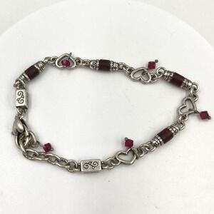 Vintage Y2K Silver Tone Heart Charm Bracelet Red Bead Toggle Clasp 7.5